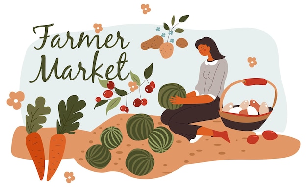 Farmer market woman growing fresh vegetables