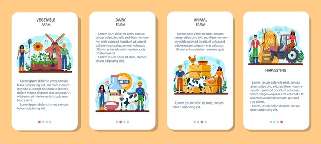 Farmer mobile application banner set. farm worker growing plants and feeding animals. agriculture and animal husbandry business. summer countryside landscape. flat vector illustration