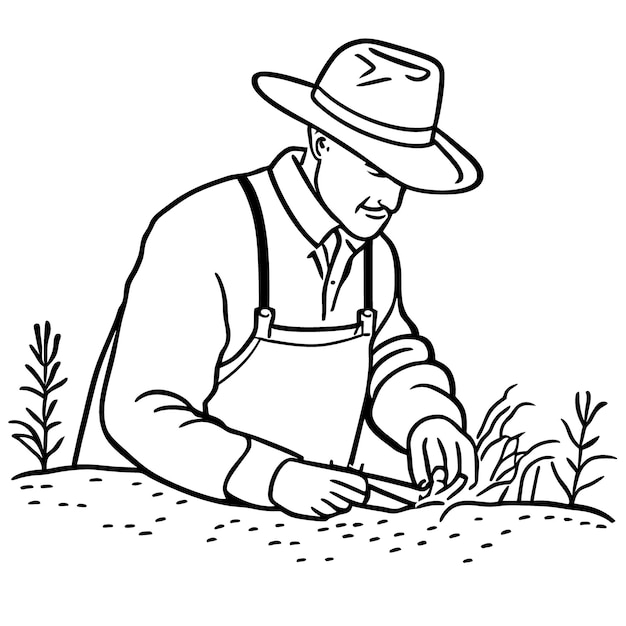 farmer planting seeds vector illustration line art