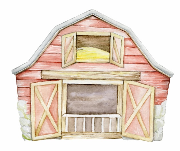 A farmer's house on an isolated background watercolor illustration of a red wooden house