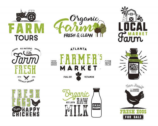 Farmer's Market, biologisch voedsel, melk en eieren badges ingesteld. Frisse en lokale productlogo-ontwerpen. Typografische eco boerderij insignes in zwarte en groene stijl.