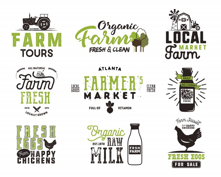 Farmer s Market, organic food, milk and eggs badges set. Fresh and Local product logo designs. Typographic eco farm insignia in black and green style.