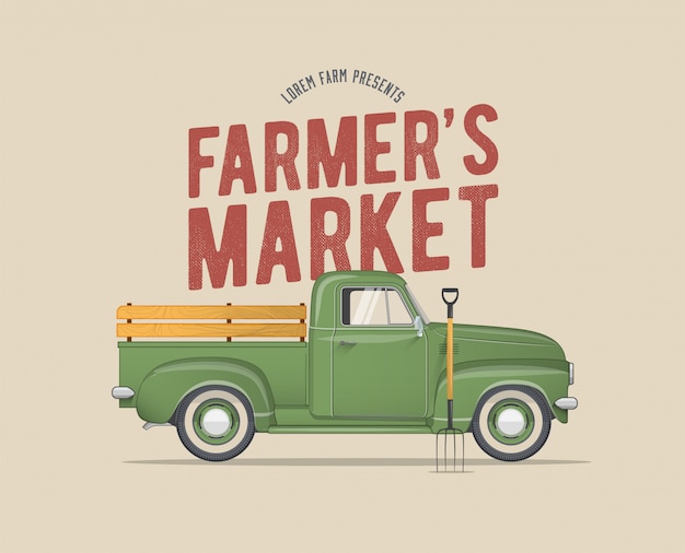 Farmer's market themed vintage styled   of the old school farmer's green pickup truck