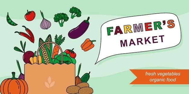 Farmer's market vector banner with cartoon vegetables in bag fresh food advertising design concept