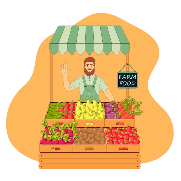 Farmer sells fruits and vegetables Farm shop Local market Business owner working in his own store Cartoon vector illustration Fresh food