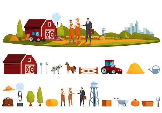 Vector farmer shake hand icons set cartoon vector country farmland