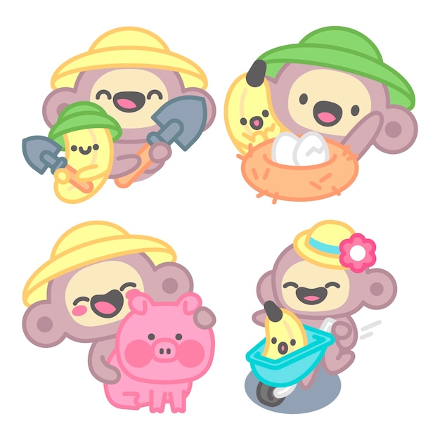 Farmer stickers collection with monkey and banana