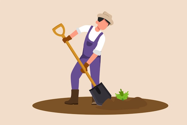 Farmer using spade with soil landscaping Shovel in dirt Agriculture concept Colored flat graphic vector illustration