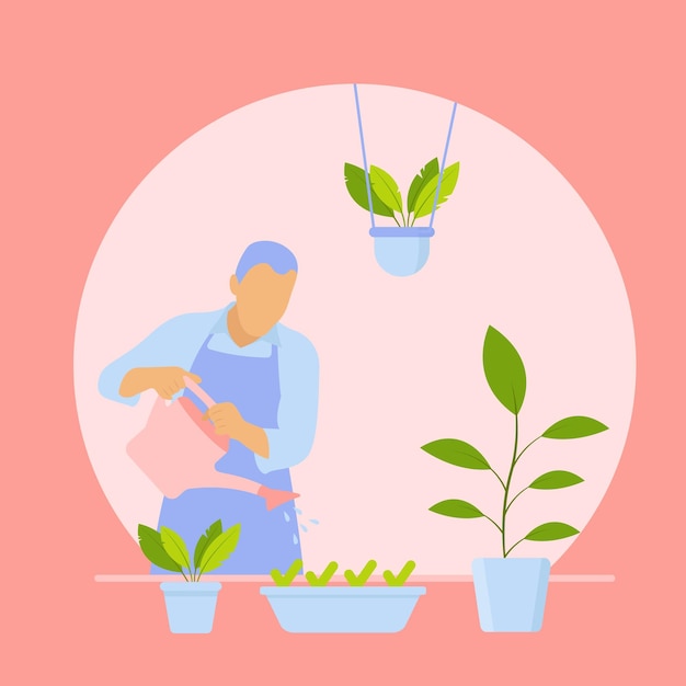 farmer watering plants in garden