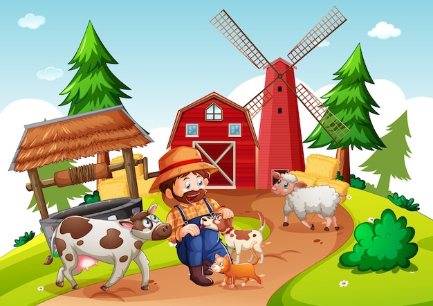 Farmer with animal farm in farm scene in cartoon style