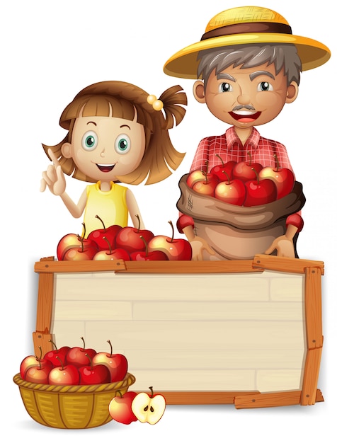 Farmer with apple on wooden baord