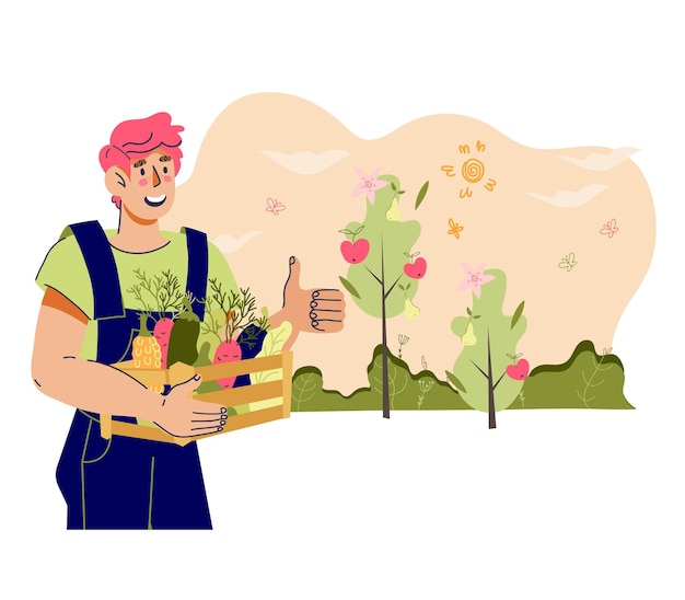 Farmer with  box of  fresh vegetables Local organic and farm agriculture production