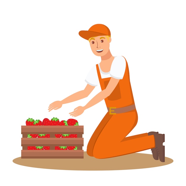 Farmer with box of strawberries flat illustration