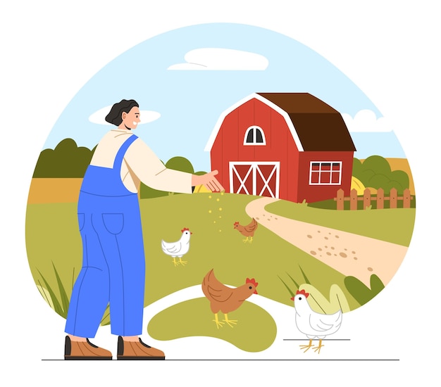 Farmer with chickens at farm vector concept