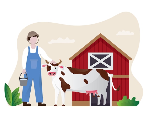 Farmer with cow on his barn farmer milking cow illustration green meadow Illustration Flat Style