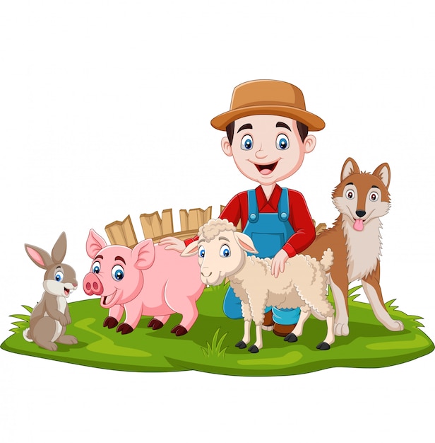 Vector farmer with farm animals in the grass