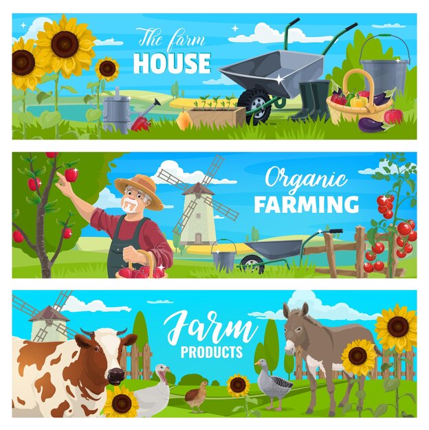 Vector farmer with farm animals vegetables and tools