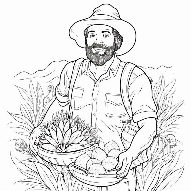 Farmer_with_Harvest_Isolated_Coloring_Page_vector