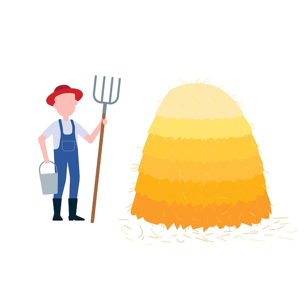 Farmer with hayfork and bucket near pile of hay flat style design vector illustration