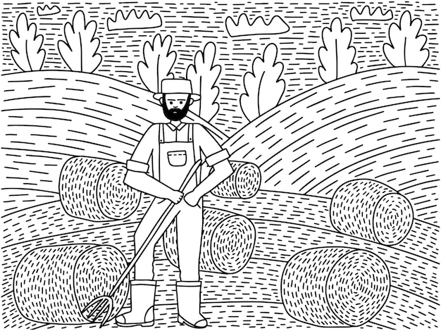 Farmer with pitchfork on haymaking fiels coloring page Bearded farmer harvesting coloring page for children and adults