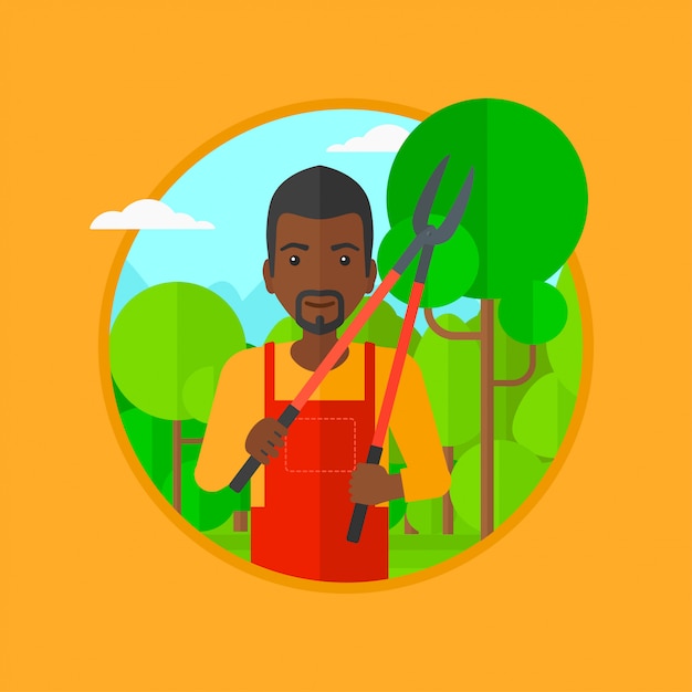 Vector farmer with pruner in garden vector illustration.