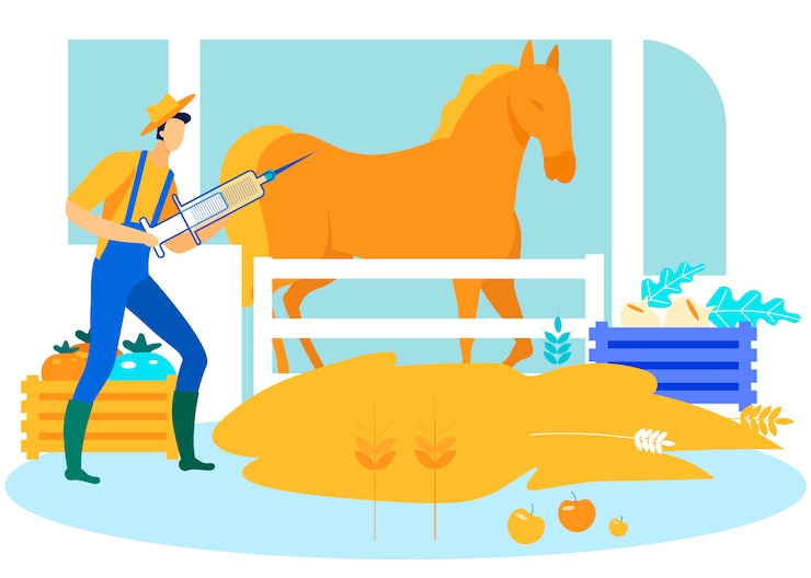 Vector farmer with syringe in hands makes horse prick.