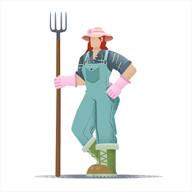 Farmer woman holding a pitchfork in her hands profession illustration flat design vector particles grain effect