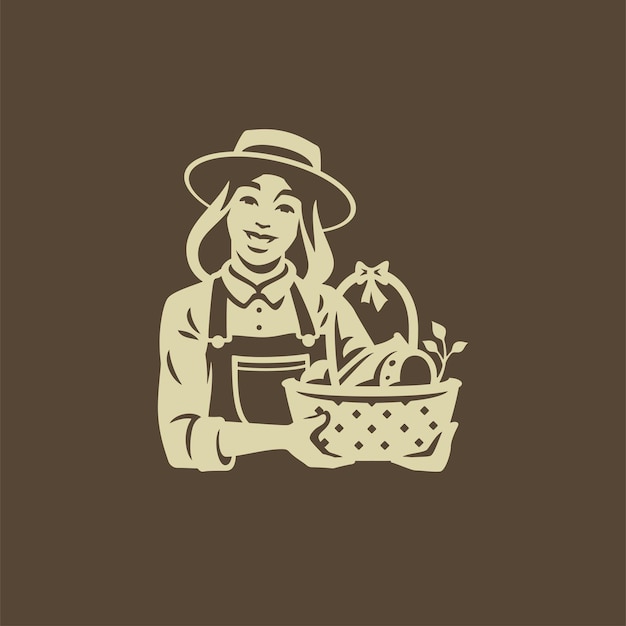 Farmer woman straw basket agricultural organic food bakery vegetable harvest vintage icon vector