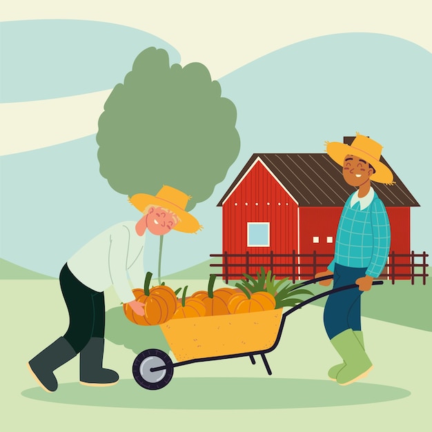 Farmers carrying pumpkins