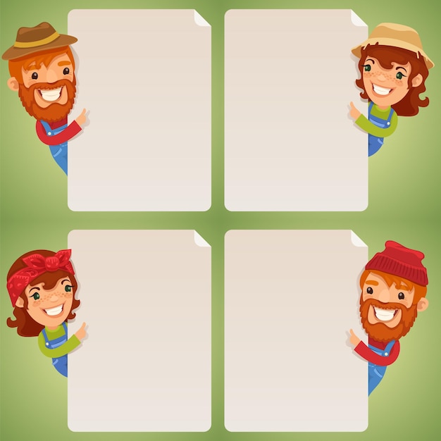 Farmers cartoon characters looking at blank poster set