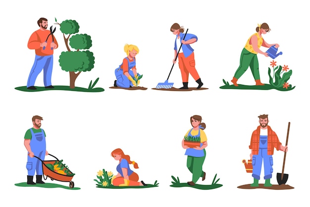 Vector farmers. cartoon people planting flowers and greens, cutting and gardening plants, growing vegetables and flowers. vector illustration agricultural workers with plants set