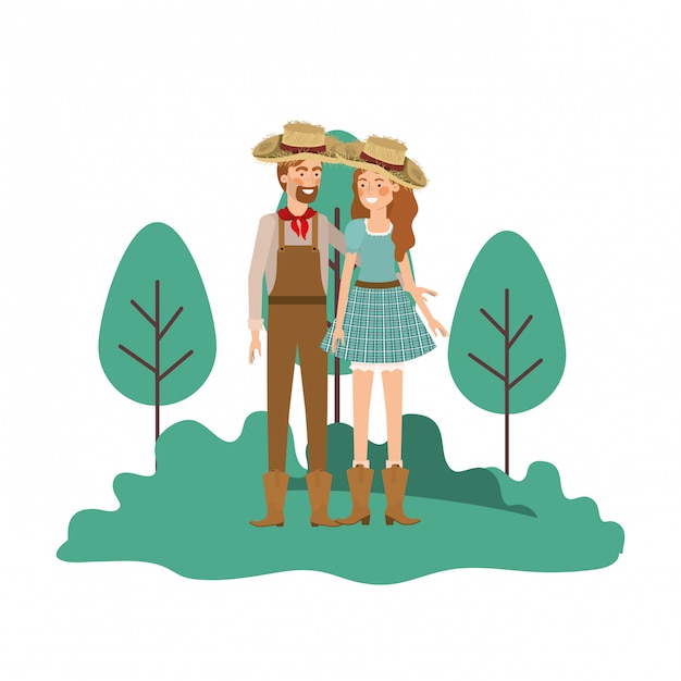 Vector farmers couple talking with straw hat in landscape