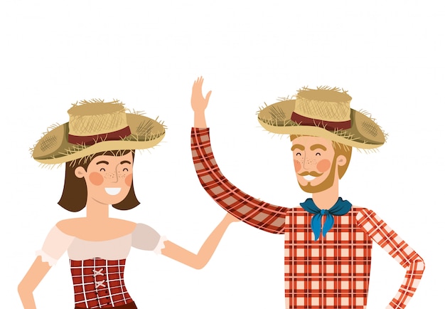 Farmers couple talking with straw hat