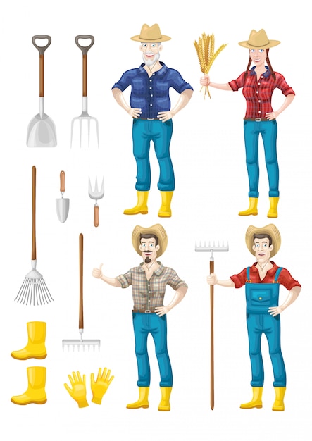 Farmers and equipments vector set