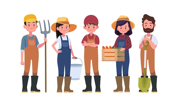 Vector farmers and harvesting characters, agricultural workers.