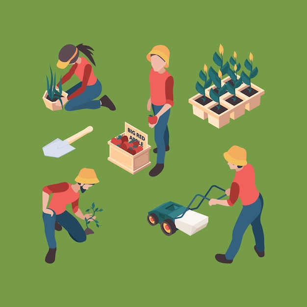 Vector farmers isometric. gardeners people farmed professional outdoor working farm vector characters agriculture set