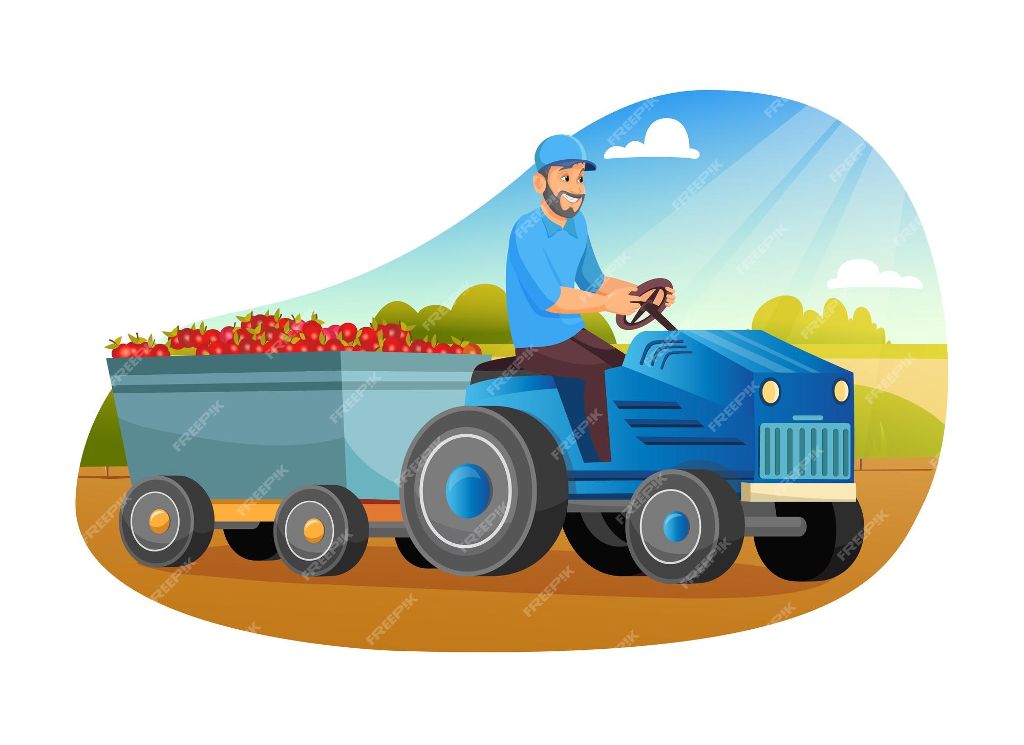 Premium Vector | Farmers loading apples on tractor trailer local farm grown  organic food