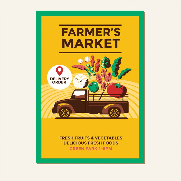 Farmers Market Flyer Template with farmer's vintage pickup truck