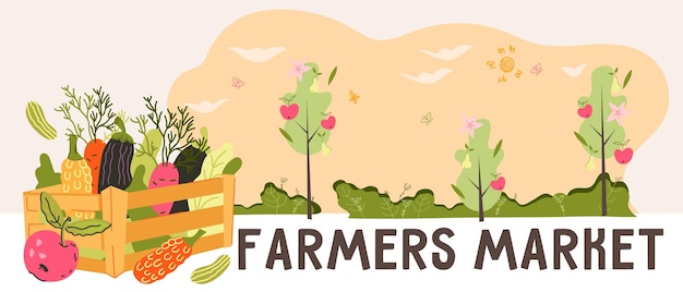 Vector farmers market and harvest festival banner or flyer template with box full of vegetables eco farm