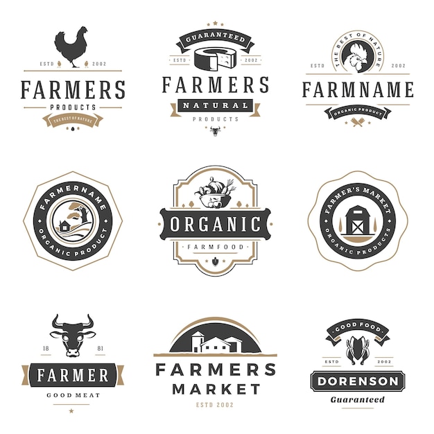 Vettore modelli di loghi del mercato degli agricoltori oggetti vettoriali impostati logotipi o design di badge