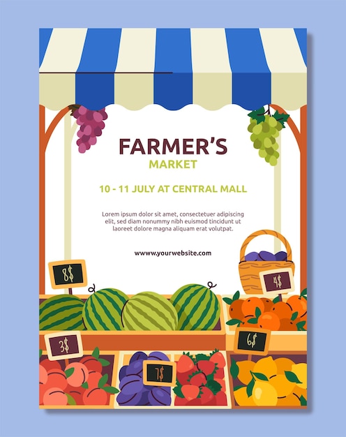 Vector farmers market poster shop and store with watermelon and strawberries and peaches lemons support