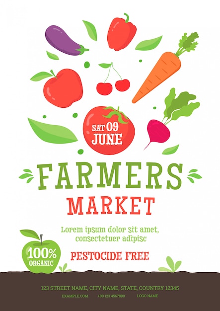 Farmers market poster template with vegetables organic food.