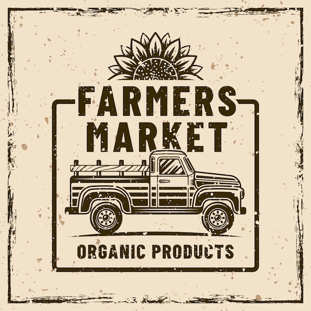 Фермерский рынок векторная эмблема винтажной этикетки значок на фоне с съемными грунсовыми текстурами на отдельных слоях