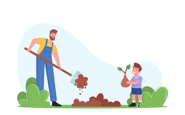 庭で働く農夫またはコテージのキャラクター。土を掘る父、地面に芽を植える息子、木の家族の世話、屋外の趣味、環境保護。漫画の人々のベクトル図