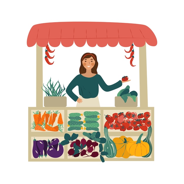 Vector farmers organic marketfemale farmer selling fresh vegetables at stall at local food market place flat vector illustration isolated on white background eps10