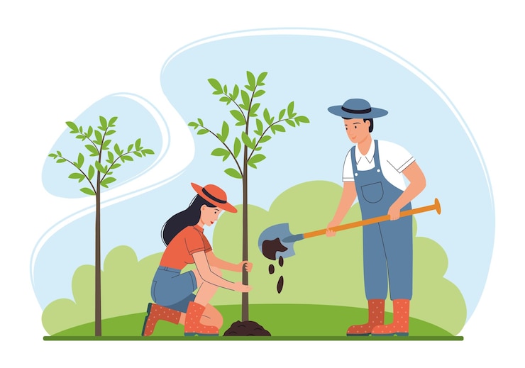 Vector farmers pair planting tree in countryside garden