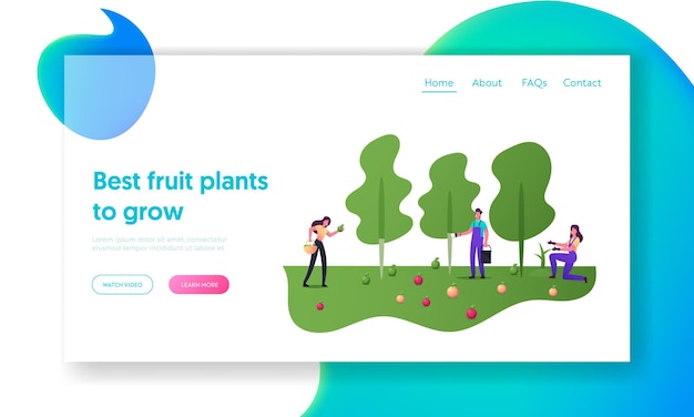 農民は、果樹園の着陸ページテンプレートでバスケットにリンゴの収穫を選びます。庭師のキャラクターが庭で熟した果実を収穫し、健康的な農場生産の季節労働。漫画の人々のベクトル図