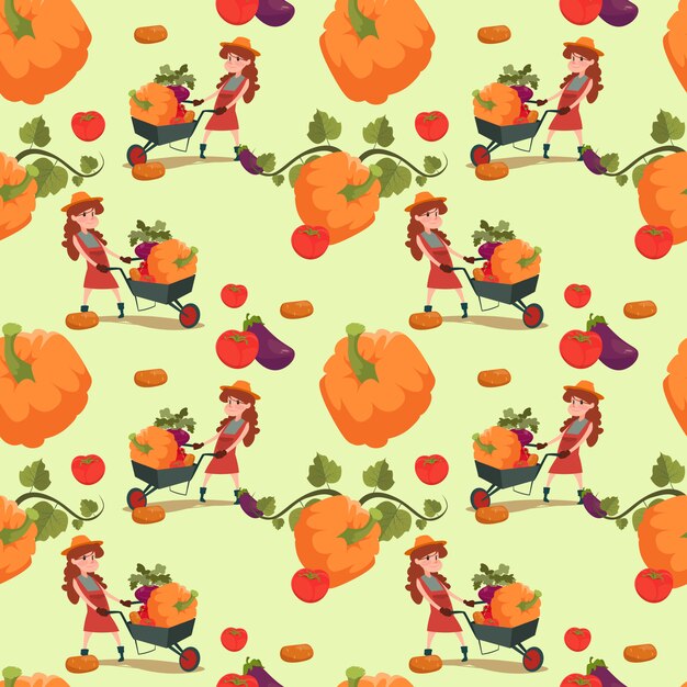 Farmers Pumpkin Fresh Vegetables Farming Seamless Pattern