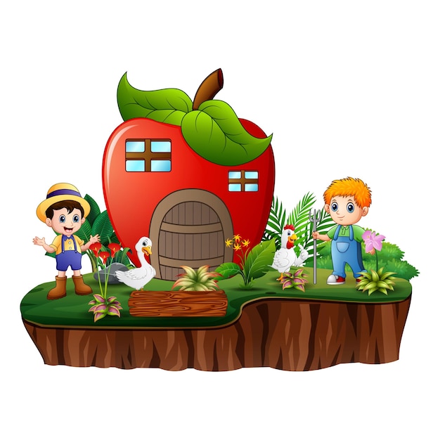 島にリンゴの家を持つ農民