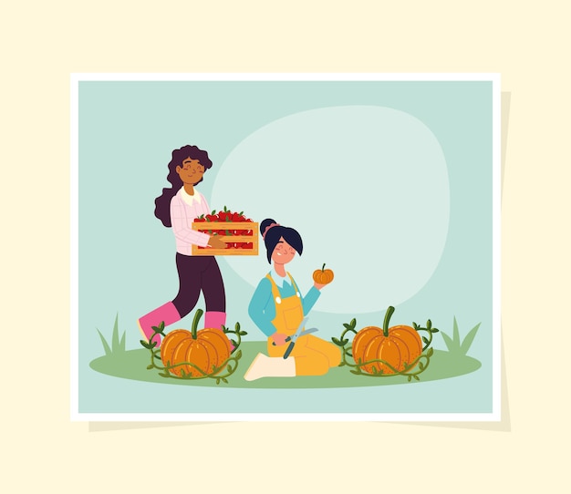 Vector farmers with fruits and pumpkin